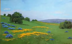 Jesse Don Rasberry, Wildflowers and rolling hills, oil on canvas board