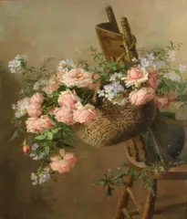 Edith White, A basket of roses suspended from a chair, oil on canvas