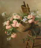 Edith White, A basket of roses suspended from a chair, oil on canvas