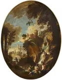 Salvator Rosa, A rocky landscape with a waterfall and figures in the foreground, oil on canvas