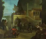 Giuseppe Bernardino Bison, A skirmish in a courtyard, oil on cradled panel