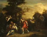 Flemish School, A landscape with mythological figures including a young woman wounded by Cupid's arrow, oil on canvas