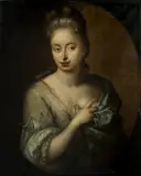 A portrait of a lady, half-length, wearing a white dress and green wrap by Godfrey Kneller, oil on canvas, in a painted oval, offered Aug 2013