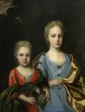 John Smibert, A portrait of two children, the younger child holding a parrot and a bunch of grapes, oil on canvas