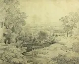 An extensive landscape with a procession of figures leading to a temple by Jean-Auguste-Dominique Ingres, pencil on paper laid down on board, offered Aug 2013