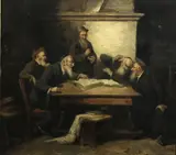 Jewish scholars debating by Continental School, oil on panel, sold Aug 2013