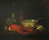 A still life with a lobster, porcelain bowl and an earthenware jug by Dutch School, oil on canvas, sold Aug 2013