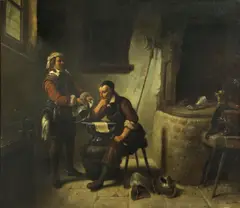 At the armourer's workshop by Continental School, oil on canvas, sold Aug 2013