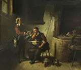 At the armourer's workshop by Continental School, oil on canvas, sold Aug 2013