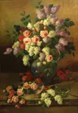 François Joseph Huygens, A still life with roses and lilacs in a blue vase, oil on canvas