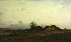 Antonie Biel, A coastal farm with figures and cows, oil on canvas