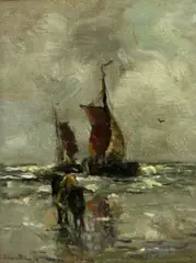 Gerhard Morgenstjerne Munthe, A horse and rider on a beach with two boats offshore, oil on panel
