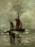 Gerhard Morgenstjerne Munthe, A horse and rider on a beach with two boats offshore, oil on panel