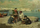 Boys playing a game on a quay by Italian School, oil on board, sold Aug 2013