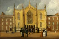H. Bowkett, A view of figures emerging from a church, oil on canvas