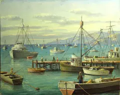 Harbor activity by Paul Grimm, 1965, oil on canvas board, sold Aug 2013