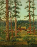 Frederick Carl Smith, Camp in the woods, oil on canvas board
