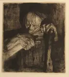 Sharpening the Scythe (Kn. 88; K. 90) by Käthe Kollwitz, 1905, Etching and aquatint in brown on cream wove paper, Knesbeck's final state (of 14), sold Aug 2013