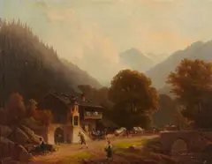 Anton Doll, Figures on a road in a mountain village, oil on canvas