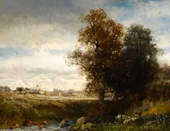A pastoral river scene by English School, oil on panel, sold Jul 2013