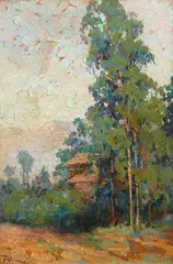 Florence Upson Young, California Landscape; Untitled (landscape with cabin) (2), oil on board