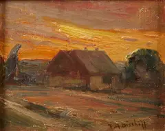 House with a sunset beyond by Franz Bischoff, oil on canvas affixed to board, offered Jul 2013