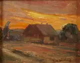 House with a sunset beyond by Franz Bischoff, oil on canvas affixed to board, offered Jul 2013