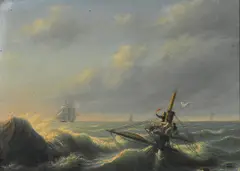 unknown Artist, Off the coast of Gloucester, oil on metal