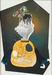 Bernard Martin, Ohne Titel (drawing 4), 2004-05, stamp, watercolor, marker, graphite and paper collage and screen print on paper