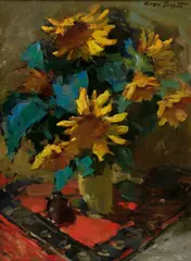 Sergei Bongart, Still life with sunflowers in a vase, oil on board