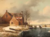 Jan Jacob Spohler, A winter landscape with skaters, oil on panel