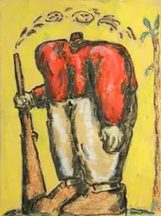 Jean-Charles Blais, Figure with rifle, pastel, watercolor and pencil on paper