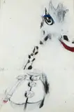Colleen Kiely, WhatNots (Giraffe W/ Uniform), 1997, charcoal, acrylic, glitter, staple and mixed media collage on paper