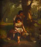 J. Mulvany, Two children by a brook, oil on canvas