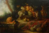 Continental School, A still life with peaches, grapes, pears and melons, oil on canvas