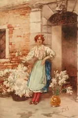 The flower seller by Emanuele Brugnoli, watercolor on paper, offered Apr 2013