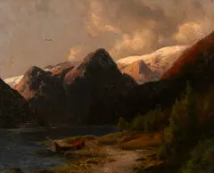 Mountain lake by Hermann Herzog, oil on canvas, sold Apr 2013