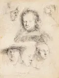 Studies of the Head of Saskia and others (B., Holl. 365; H. 145), 1636/later by Rembrandt Harmensz van Rijn, Etching on laid paper, Eusticke's second (final) state, sold Apr 2013