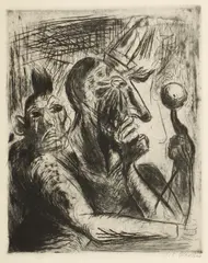 José Clemente Orozco, Payasos (H. 42), 1944, Drypoint on cream laid paper, a proof aside from the numbered edition of 100 and the second edition of 75 in 1951