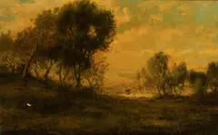 Patrick Vincent Berry, A wooded landscape with cattle watering in a pond, oil on canvas