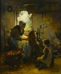 Johannes Weiland, A mother and child at a spinning wheel, oil on canvas