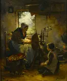 Johannes Weiland, A mother and child at a spinning wheel, oil on canvas