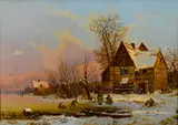 Dutch School, A winter landscape with figures on a frozen lake, oil on canvas