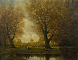 Arnold Marc Gorter, A wooded landscape with cattle watering at a pond, oil on canvas