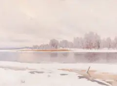 Axel Lindman, A winter lake scene, oil on canvas