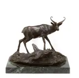 Elk and bird by Charles Marion Russell, brown with brown patina on a marble base, sold Mar 2013