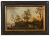 Dutch School, A winter scene with figures on a village road; A river landscape with figures and cattle crossing a bridge  (a pair)
