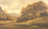 Félix De Baerdemaeker, An extensive wooded landscape with a figure and cattle on a path, oil on canvas