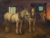 William Barr, Two white horses in the blacksmith's shop, oil on canvas
