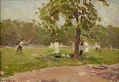 Children playing by Edouard Vysekal, oil on canvas affixed to board, sold Jan 2013
